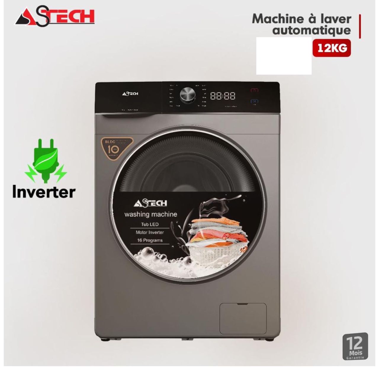 Machine à Laver ASTECH 12 kg Inverter – MLV12FN1210LC, 16 Programmes, Gris, Silencieuse & Éco-énergétique