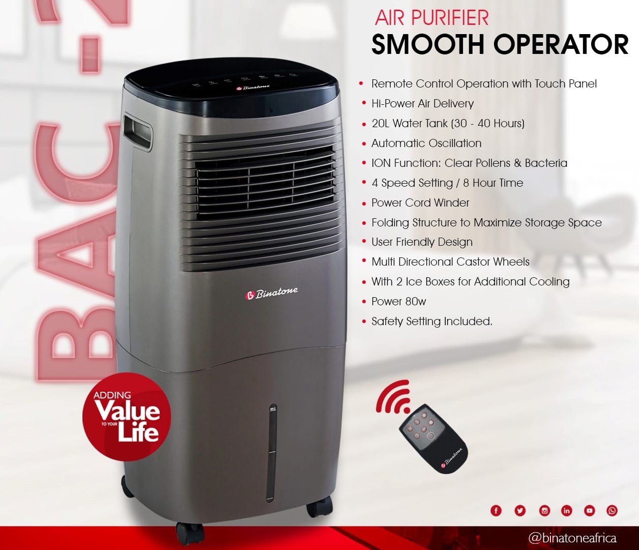 VENTILATEUR BINATONE A EAU
HUMIDIFICATEUR 20 LITRES BAC20L