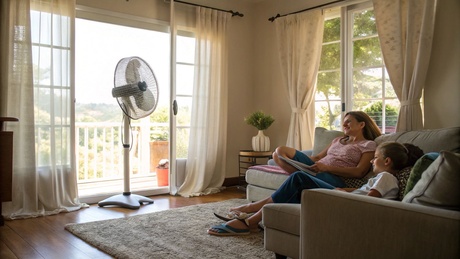 Ventilateur sur pied diffusant de l’air frais dans un salon avec rideaux flottants.