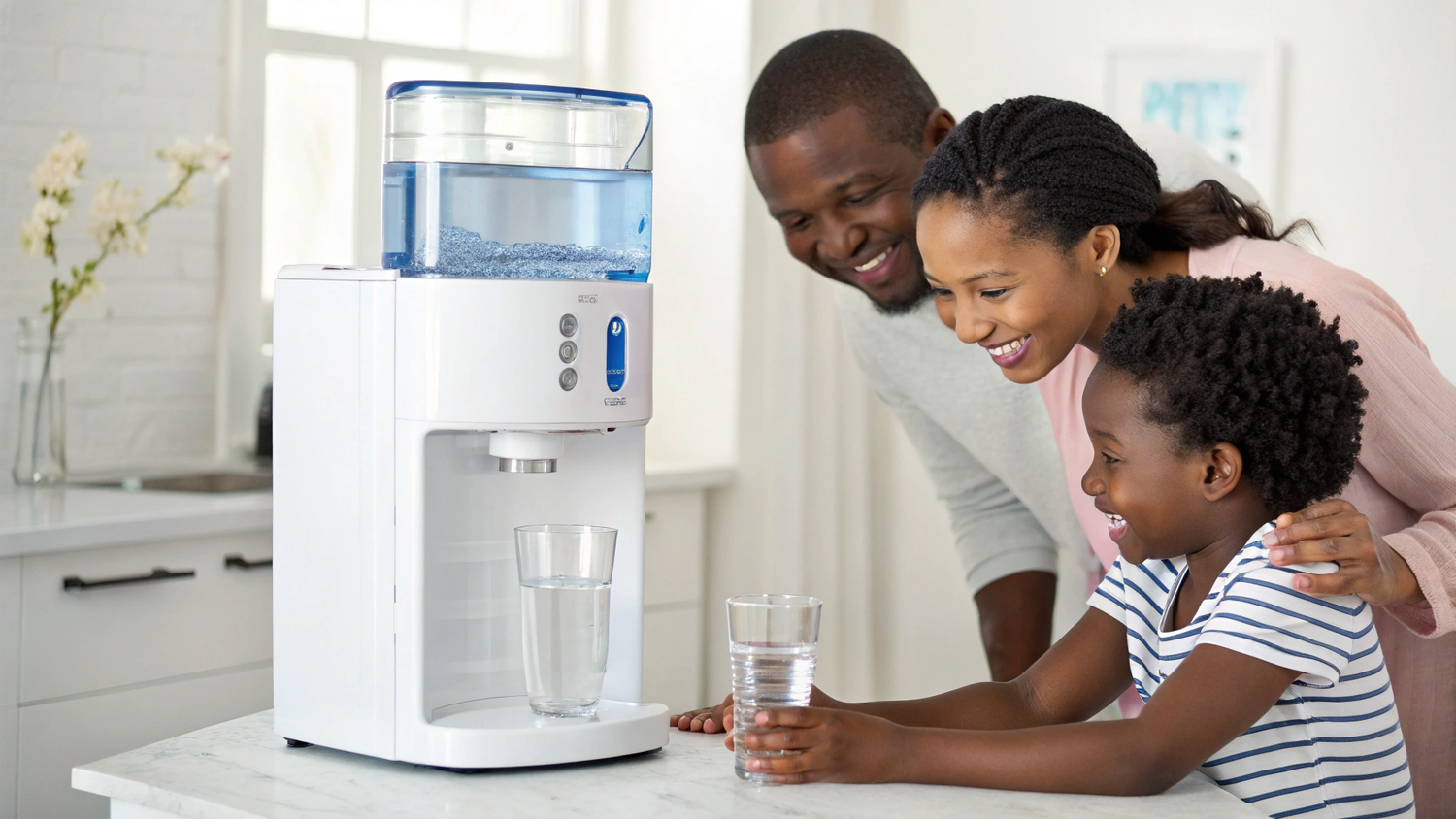 Fontaine à eau installée dans une cuisine ou un bureau, servant de l’eau fraîche dans un verre.