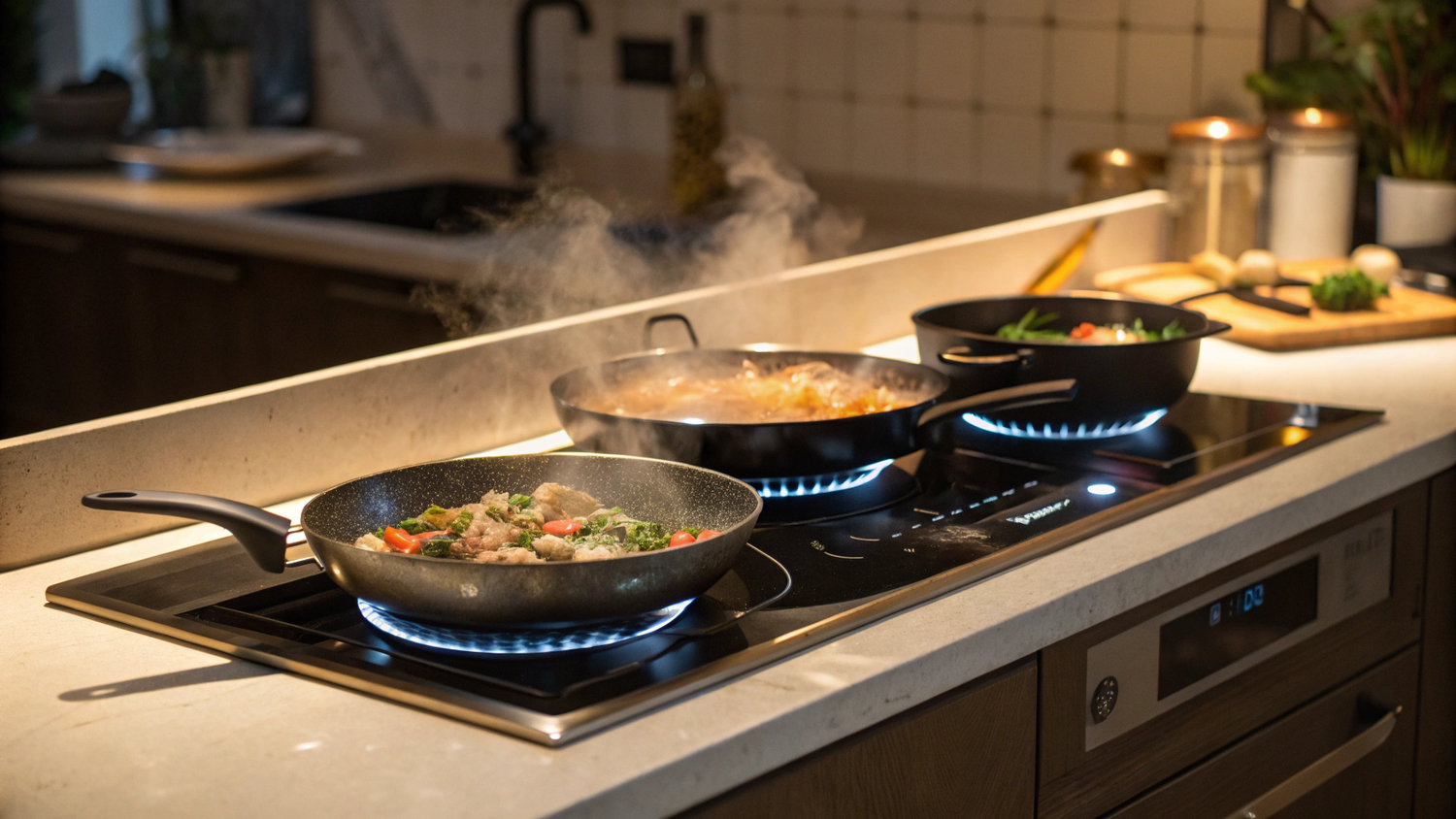  Plaque de cuisson électrique avec casseroles en train de cuire, dans une cuisine élégante.
