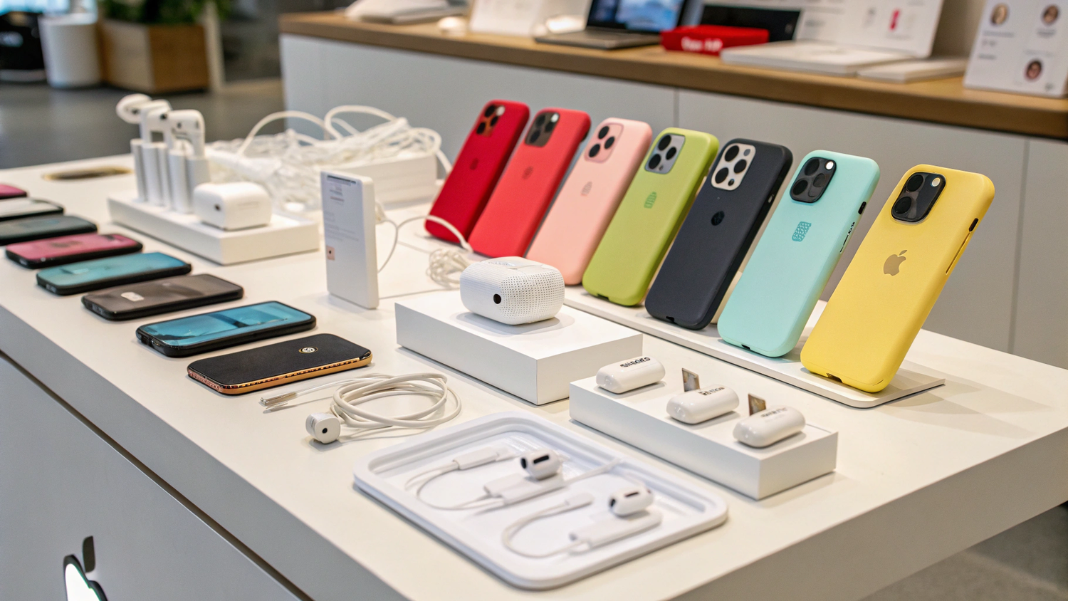  Présentation d’accessoires pour téléphones : coques colorées, chargeurs et écouteurs sans fil.