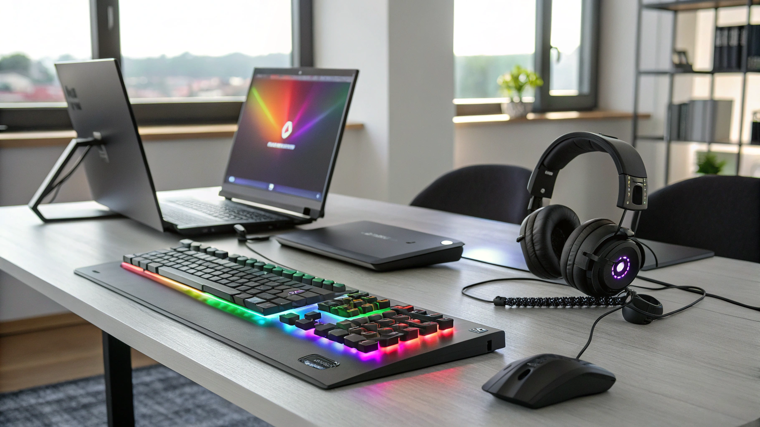 Ensemble d’accessoires informatiques : clavier, souris, casque et hub USB dans un espace de travail moderne.