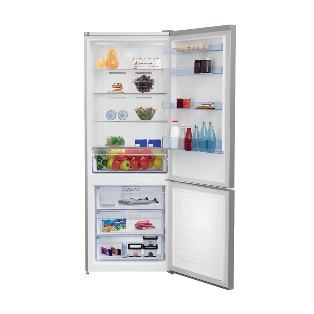 Réfrigérateur combiné BEKO RCNE620 gris, 396L, 3 tiroirs, No Frost, classe A++, vue de face.

