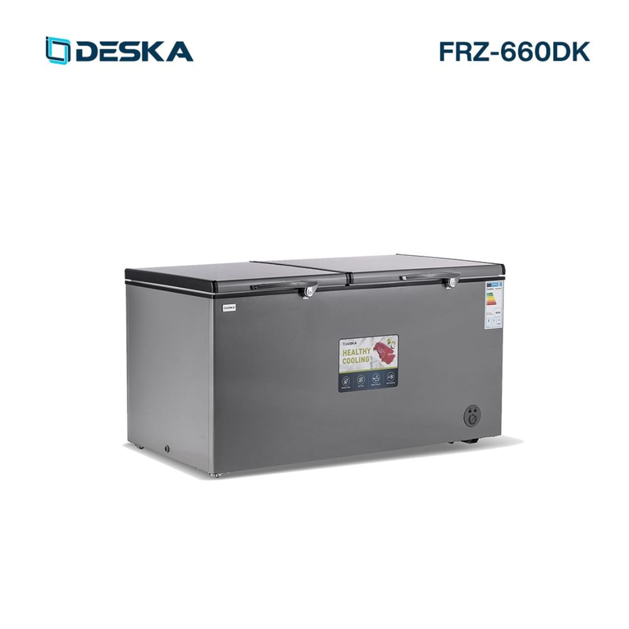 Congélateur horizontal DESKA 700 L modèle FRZ660DK – gris, grande capacité, format coffre, pour usage domestique ou professionnel.
