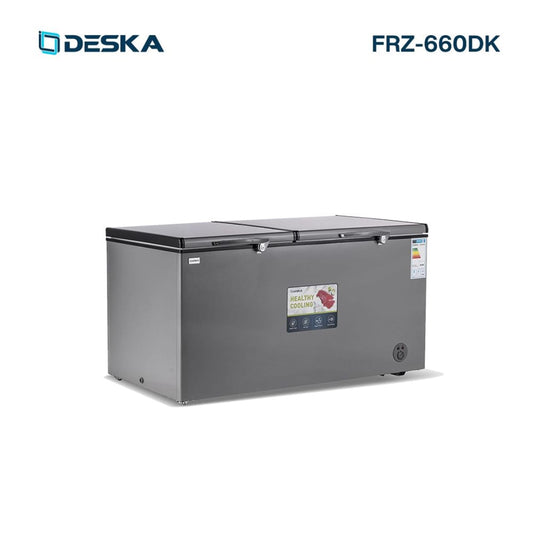 Congélateur horizontal DESKA 700 L modèle FRZ660DK – gris, grande capacité, format coffre, pour usage domestique ou professionnel.