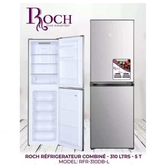 Réfrigérateur combiné ROCH RFR310DBL – 251 litres, couleur gris, avec 5 tiroirs congélateur, format vertical, classe énergétique A+.