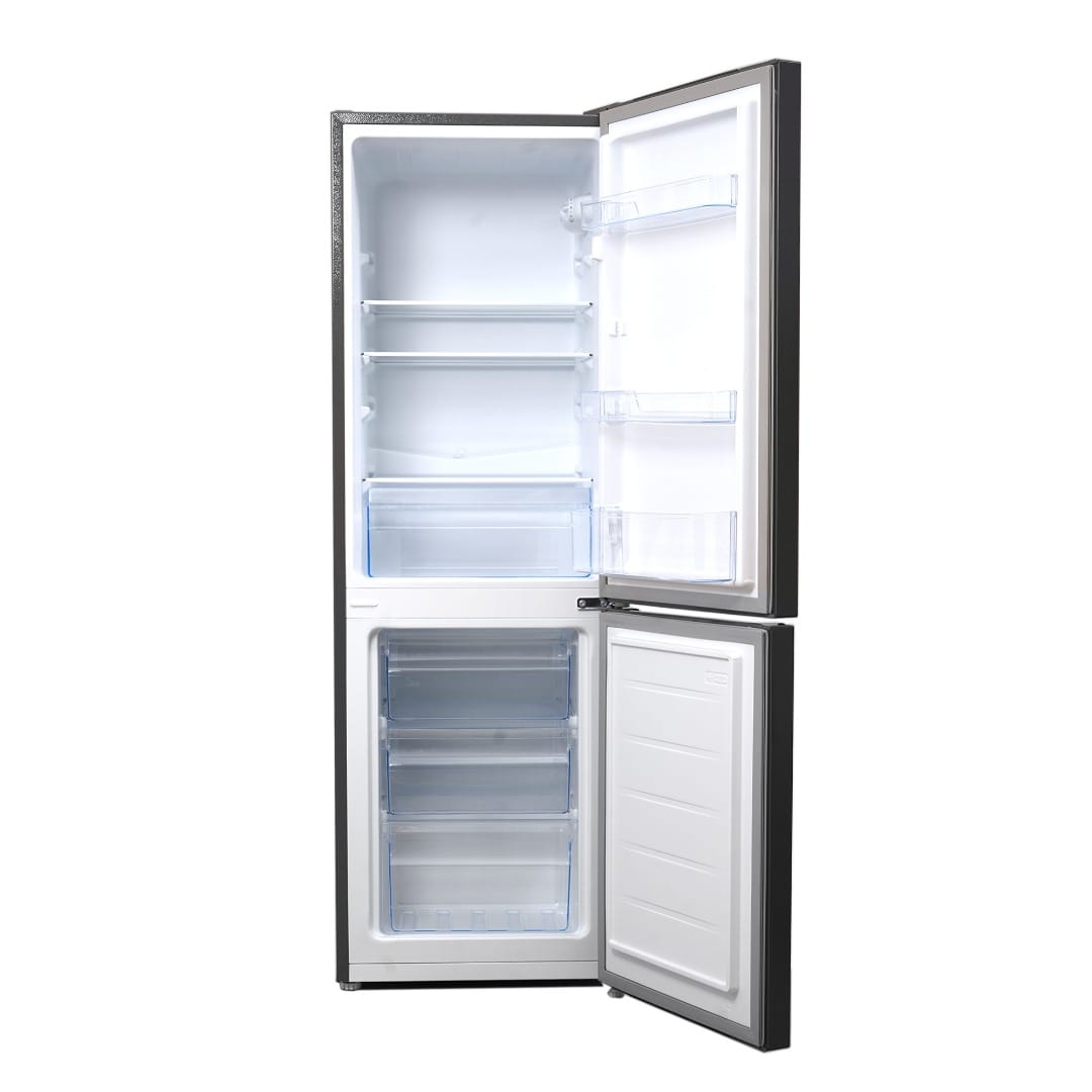 Réfrigérateur combiné DESKA BF231DK, gris, 2 portes avec 3 tiroirs congélateur, design moderne et pratique.