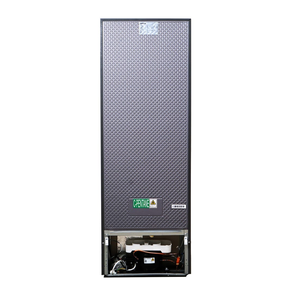 Réfrigérateur combiné DESKA BF231DK, gris, 2 portes avec 3 tiroirs congélateur, design moderne et pratique.