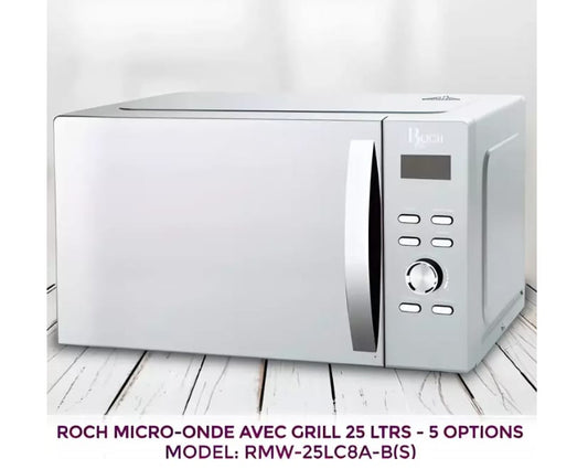 Micro-ondes ROCH RMW25LC8A-BS – 25 litres, avec grill, 5 fonctions de cuisson, couleur gris, avec minuterie.