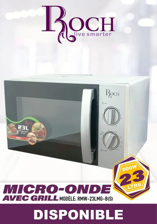 Micro-ondes ROCH 23 litres RMW23LMGBS, 800W, gris, compact avec minuterie intégrée.
