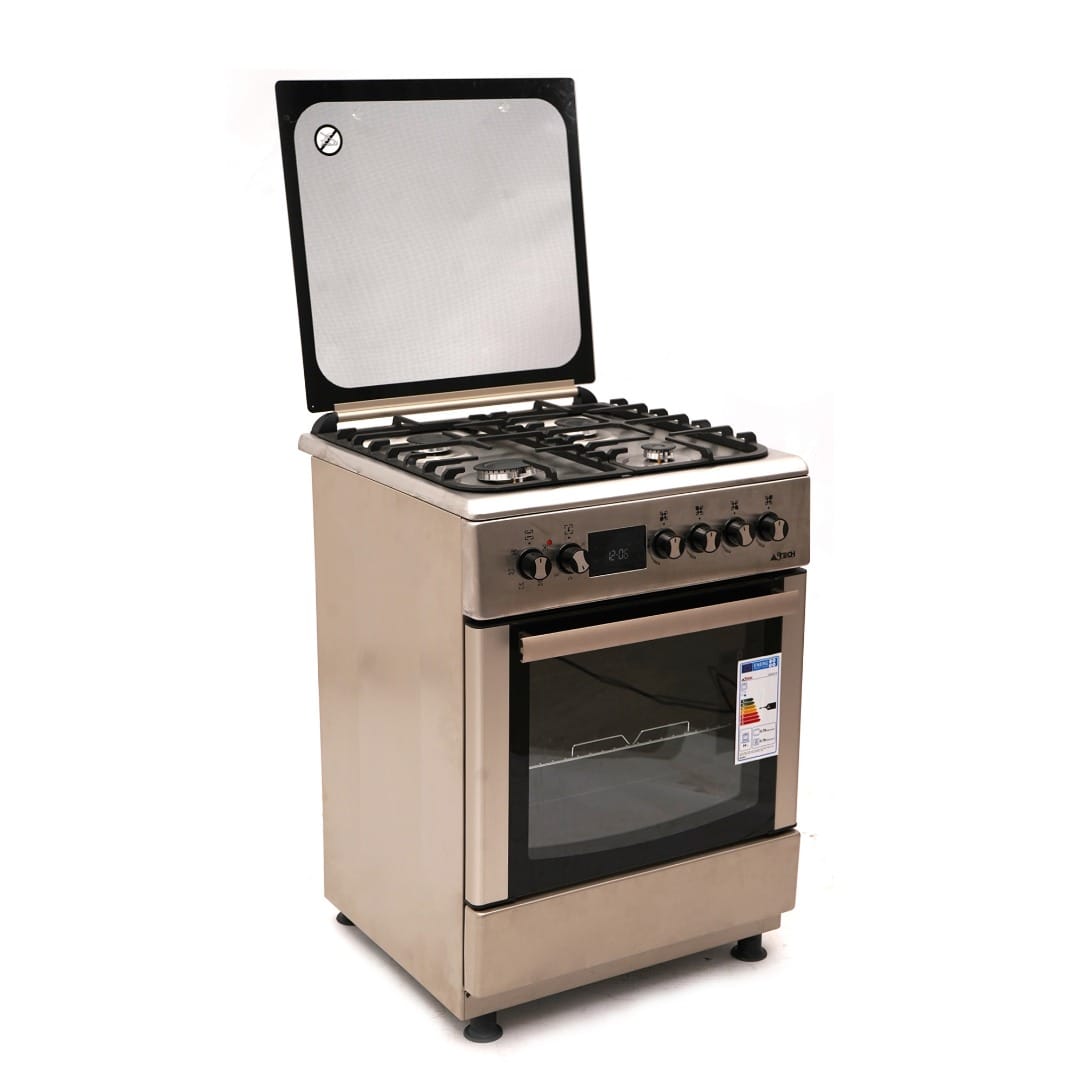CUISINIERE ASTECH 4FEUX 60X60 A GAZ AVEC
ECRAN + FOUR A GAZ ET CHAULEUR TOURN
INOX CK66ELCF