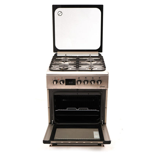 CUISINIERE ASTECH 4FEUX 60X60 A GAZ AVEC
ECRAN + FOUR A GAZ ET CHAULEUR TOURN
INOX CK66ELCF